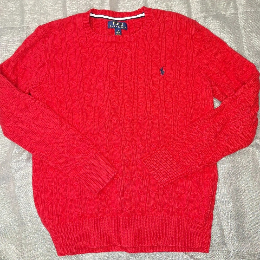 Polo Ralph Lauren Boys L Cable Knit Crewneck Logo Cotton Sweater Red Large 14 16